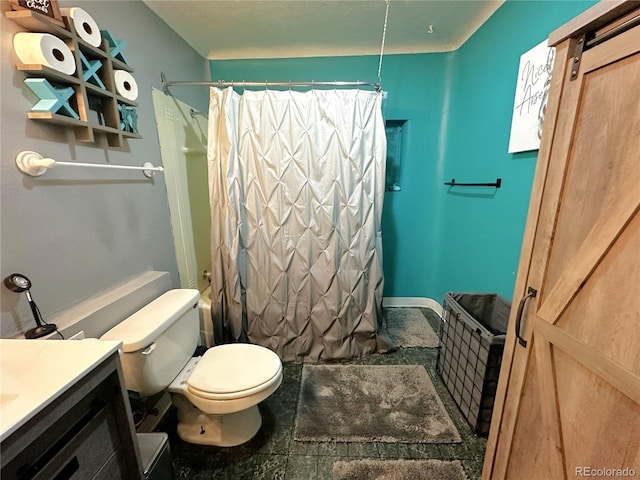 full bathroom featuring vanity, shower / bathtub combination with curtain, and toilet