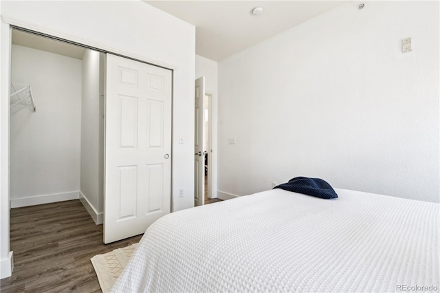 bedroom featuring dark wood-type flooring and a closet