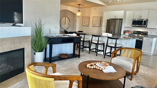 9471 Ashbury Cir Unit 202, Parker, CO 80134 - living area featuring a fireplace