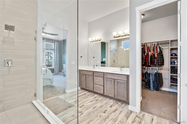 bathroom with double vanity, a stall shower, a spacious closet, and a sink