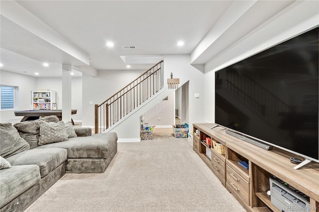 carpeted living room with baseboards, stairs, recessed lighting, and visible vents