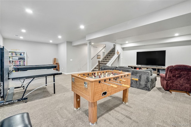 game room with carpet floors, baseboards, and recessed lighting