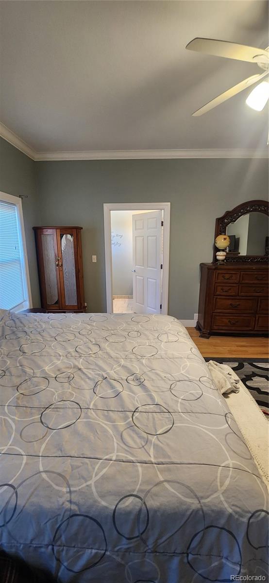 bedroom featuring ceiling fan and ornamental molding