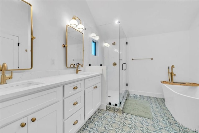 bathroom with vaulted ceiling, plus walk in shower, and vanity