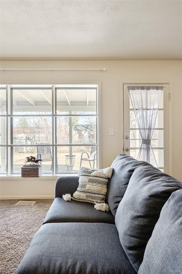 living room featuring carpet, plenty of natural light, and a textured ceiling