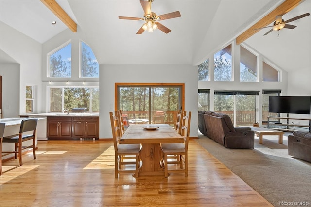 dining room with a wealth of natural light, light wood-type flooring, and high vaulted ceiling