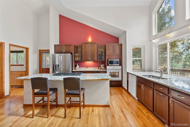 kitchen with a healthy amount of sunlight, high vaulted ceiling, light hardwood / wood-style flooring, stainless steel appliances, and a center island