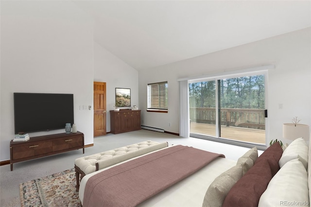 carpeted bedroom featuring high vaulted ceiling and baseboard heating