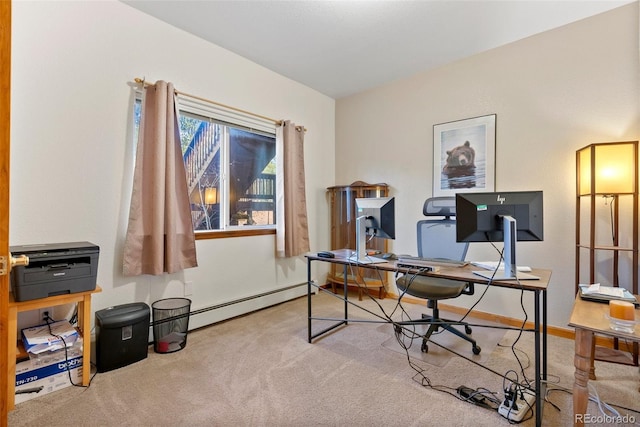 carpeted office space with a baseboard radiator