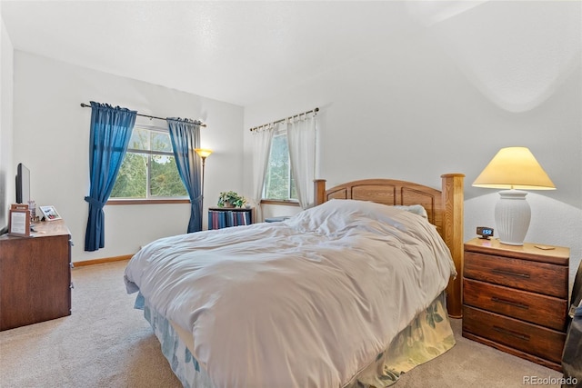 bedroom with light colored carpet