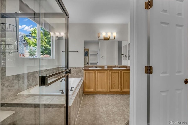 2142 Paint Pony Cir, Castle Rock, CO 80108 - bathroom featuring double vanity, a garden tub, a shower stall, and tile patterned flooring
