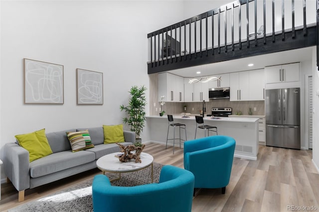 living room featuring light hardwood / wood-style floors and a high ceiling