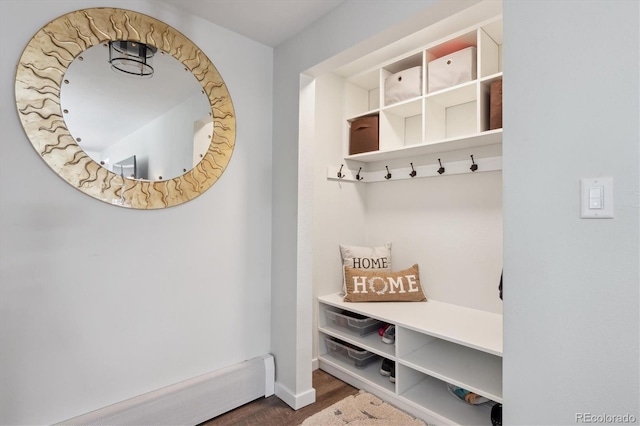 mudroom with a baseboard radiator and dark hardwood / wood-style flooring