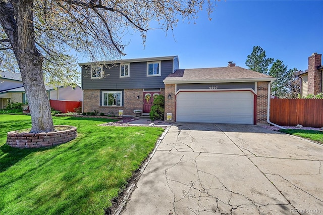 view of front of property with fence, a front lawn, brick siding, a garage, and concrete driveway