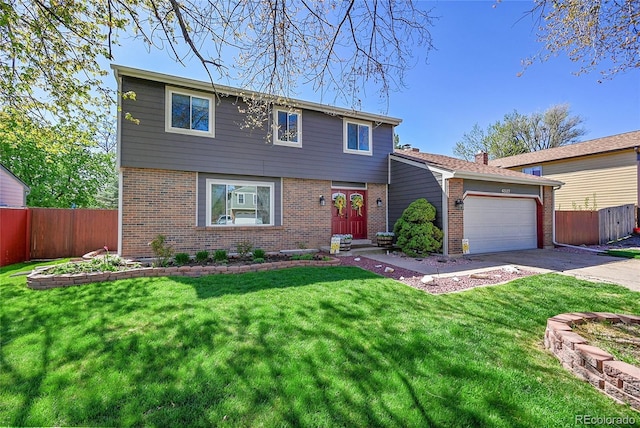 colonial-style house featuring brick siding, an attached garage, fence, and concrete driveway