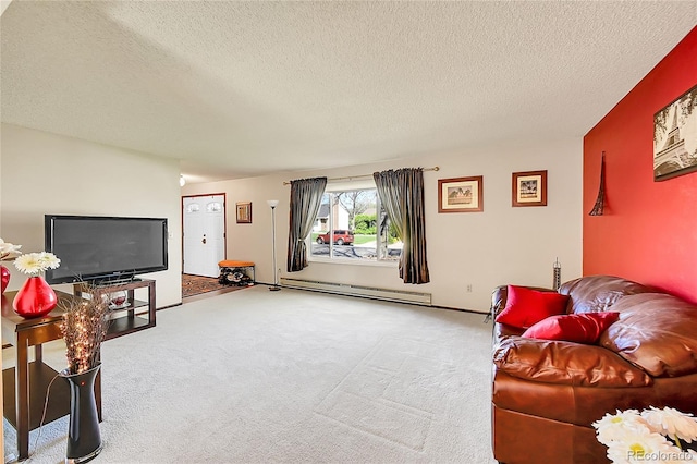 carpeted living area with a textured ceiling and baseboard heating