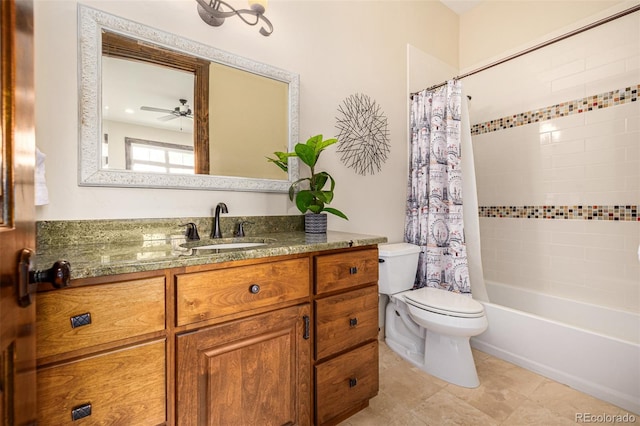 full bathroom with shower / tub combo, tile floors, vanity, toilet, and ceiling fan