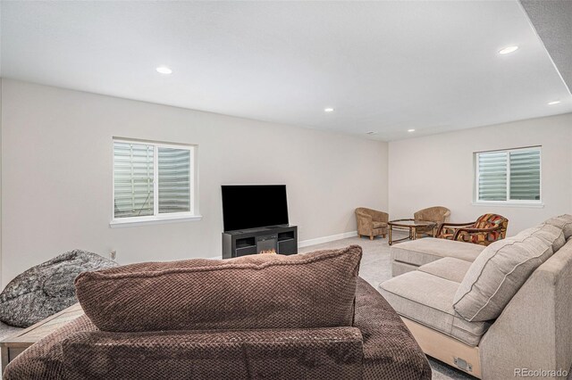 living room featuring light colored carpet