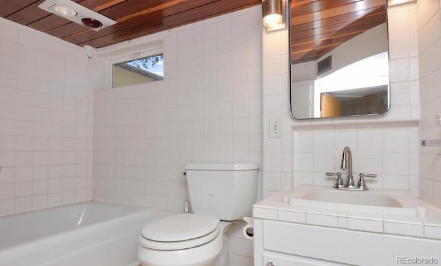 bathroom with vanity, tile walls, toilet, and wood ceiling