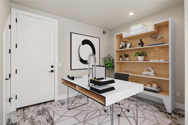 home office with baseboards, visible vents, and recessed lighting