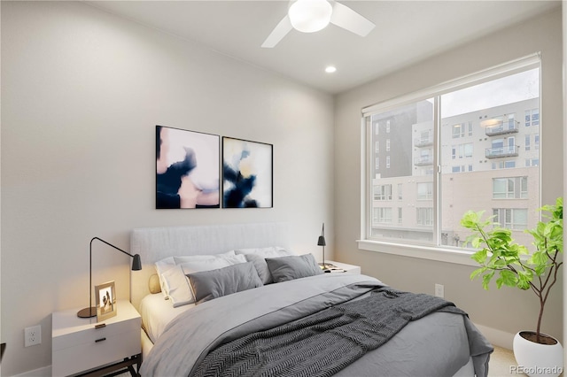 bedroom with recessed lighting, a ceiling fan, and baseboards