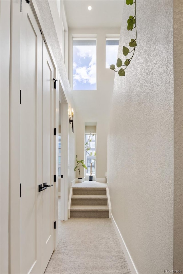 hallway featuring baseboards, a textured wall, carpet flooring, and stairs