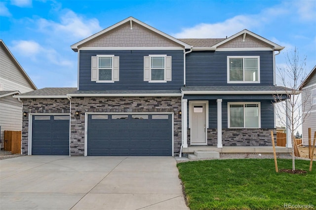 13466 Valentia St, Thornton, CO 80602 - craftsman inspired home with covered porch, concrete driveway, an attached garage, stone siding, and a shingled roof