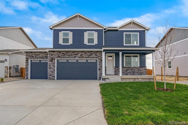 13466 Valentia St, Thornton, CO 80602 - craftsman house featuring a front lawn, concrete driveway, covered porch, stone siding, and an attached garage