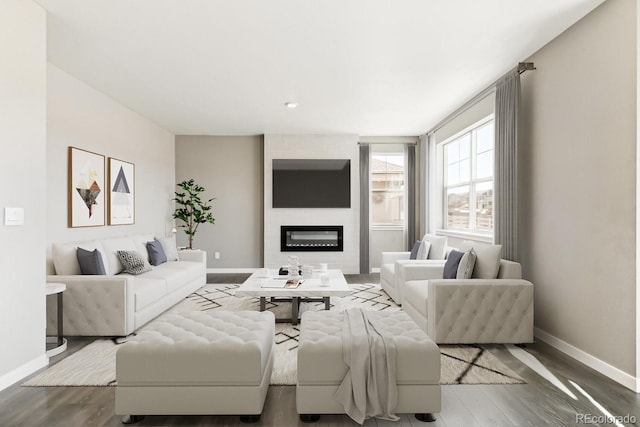 living room with wood-type flooring and a large fireplace