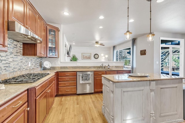 kitchen featuring glass insert cabinets, stainless steel appliances, light wood-type flooring, under cabinet range hood, and a sink