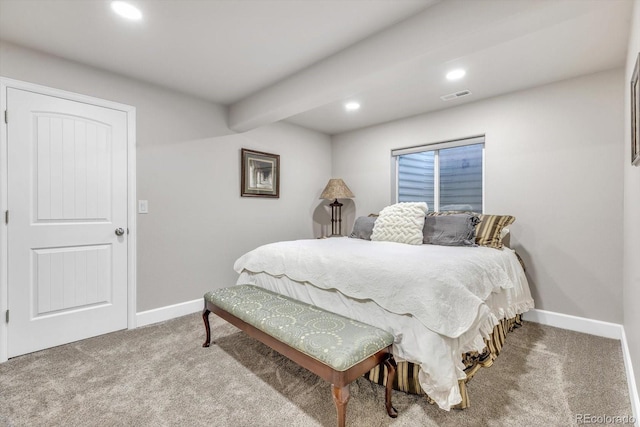 carpeted bedroom with baseboards, visible vents, and recessed lighting