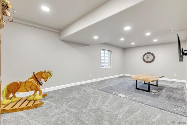 rec room with carpet floors, baseboards, and recessed lighting