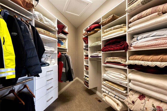 walk in closet featuring dark colored carpet