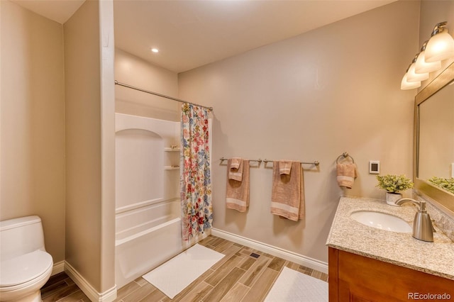 full bathroom with vanity, shower / bathtub combination with curtain, and toilet