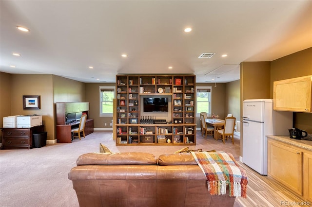 living room featuring light carpet