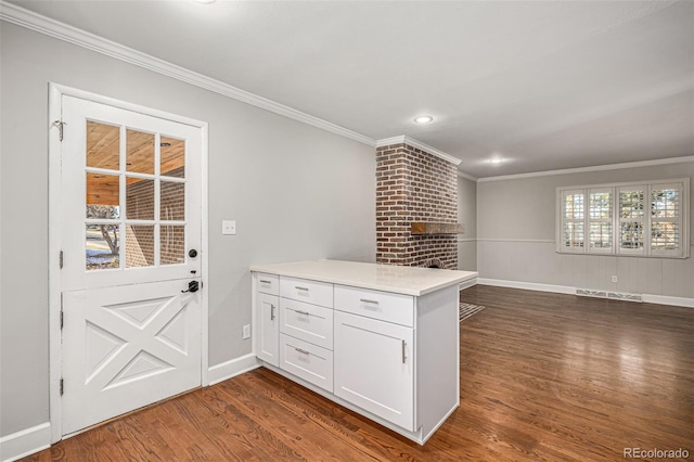 kitchen with white cabinets, dark hardwood / wood-style floors, crown molding, and a fireplace