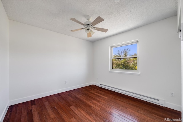 3870 S Ouray Way, Aurora, CO 80013 - unfurnished room featuring baseboard heating, ceiling fan, dark wood-type flooring, and a textured ceiling