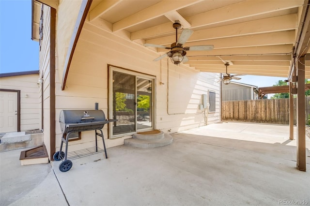 3870 S Ouray Way, Aurora, CO 80013 - view of patio / terrace with a grill, a ceiling fan, and entry steps
