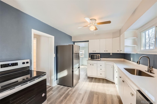 kitchen featuring sink, ceiling fan, light hardwood / wood-style floors, white cabinetry, and stainless steel appliances