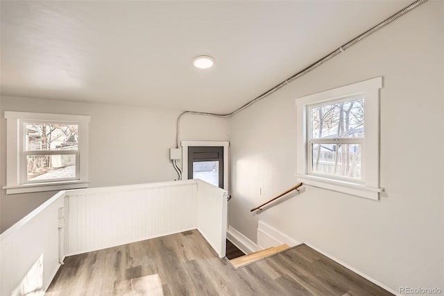 staircase with hardwood / wood-style flooring