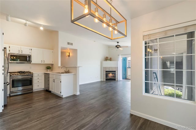 3825 Canyon Ranch Rd Unit 203, Highlands Ranch, CO 80126 - kitchen with appliances with stainless steel finishes, open floor plan, white cabinets, dark wood-type flooring, and a ceiling fan