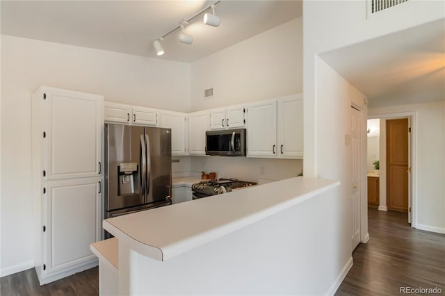 3825 Canyon Ranch Rd Unit 203, Highlands Ranch, CO 80126 - kitchen with appliances with stainless steel finishes, track lighting, light countertops, dark wood-type flooring, and a peninsula