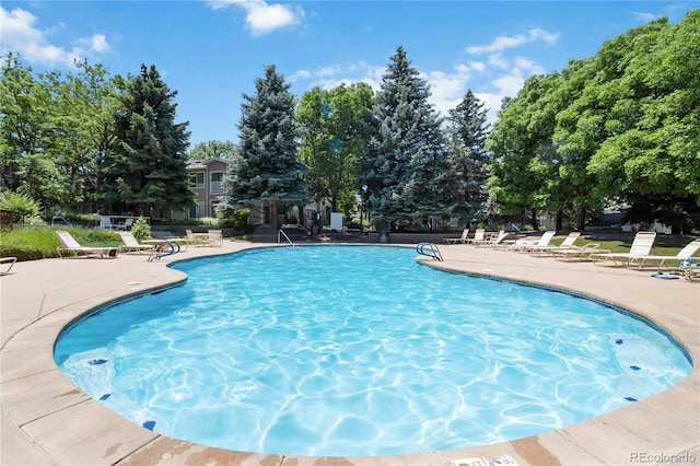 3825 Canyon Ranch Rd Unit 203, Highlands Ranch, CO 80126 - community pool with a patio area and view of scattered trees