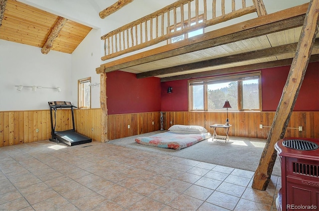 16715 Shadow Ln, Nathrop, CO 81236 - bedroom with a wainscoted wall, wooden walls, wooden ceiling, and tile patterned floors