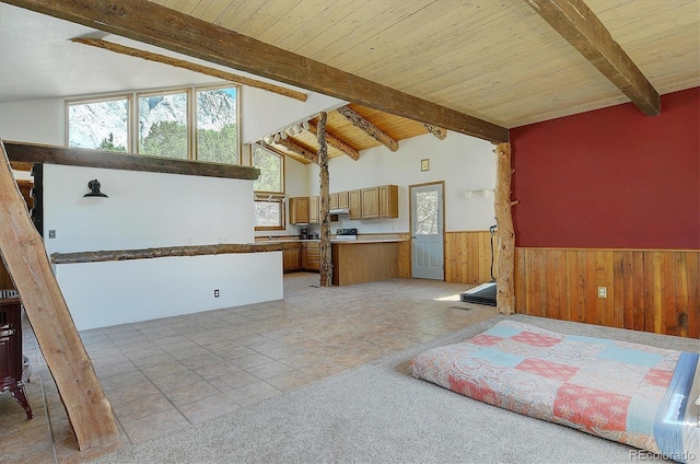 16715 Shadow Ln, Nathrop, CO 81236 - bedroom with a wainscoted wall, multiple windows, wood ceiling, wooden walls, and light tile patterned floors