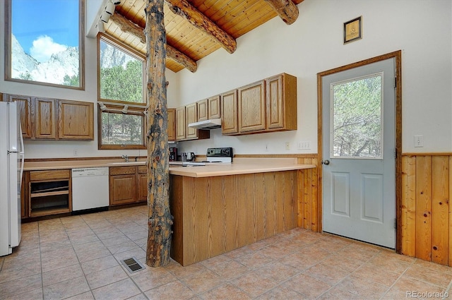 16715 Shadow Ln, Nathrop, CO 81236 - kitchen featuring wood ceiling, white appliances, under cabinet range hood, a peninsula, and wainscoting