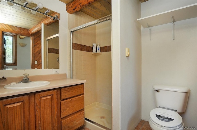 16715 Shadow Ln, Nathrop, CO 81236 - bathroom with a stall shower, vanity, wood ceiling, and toilet