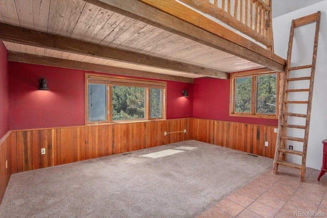 16715 Shadow Ln, Nathrop, CO 81236 - empty room featuring a wainscoted wall, plenty of natural light, wood walls, a wood ceiling with exposed beams, and carpet