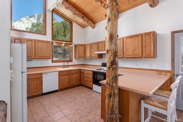 16715 Shadow Ln, Nathrop, CO 81236 - kitchen with white appliances, a wood ceiling with exposed beams, high vaulted ceiling, light countertops, and under cabinet range hood