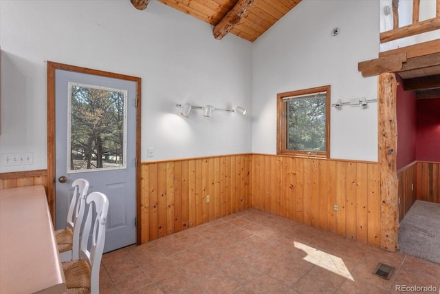 16715 Shadow Ln, Nathrop, CO 81236 - unfurnished dining area with a wainscoted wall, wood ceiling, and wood walls